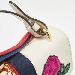 Pre Owned Gucci Off White Leather Small Web Embroidered Sylvie Shoulder Bag