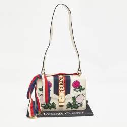 Pre Owned Gucci Off White Leather Small Web Embroidered Sylvie Shoulder Bag
