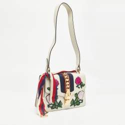 Pre Owned Gucci Off White Leather Small Web Embroidered Sylvie Shoulder Bag