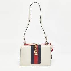 Pre Owned Gucci Off White Leather Small Web Embroidered Sylvie Shoulder Bag