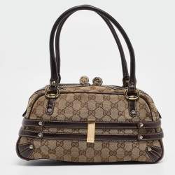 Pre Owned Gucci Brown/Beige GG Canvas and Leather Horsebit Wave Boston Bag