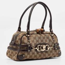 Pre Owned Gucci Brown/Beige GG Canvas and Leather Horsebit Wave Boston Bag