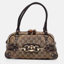 Pre Owned Gucci Brown/Beige GG Canvas and Leather Horsebit Wave Boston Bag