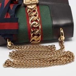 Pre Owned Gucci Black Leather Mini Web Chain Sylvie Crossbody Bag