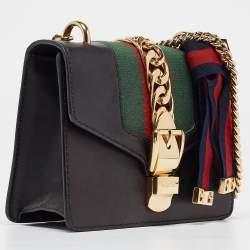Pre Owned Gucci Black Leather Mini Web Chain Sylvie Crossbody Bag