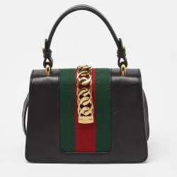 Pre Owned Gucci Black Leather Mini Web Chain Sylvie Top Handle Bag