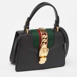 Pre Owned Gucci Black Leather Mini Web Chain Sylvie Top Handle Bag