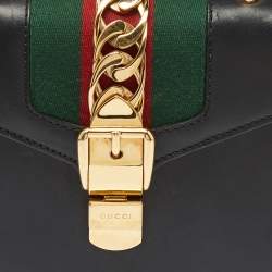 Pre Owned Gucci Black Leather Mini Web Chain Sylvie Top Handle Bag