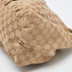 Pre Owned Gucci Biege/Gold GG Canvas and Leather Large D Ring Hobo