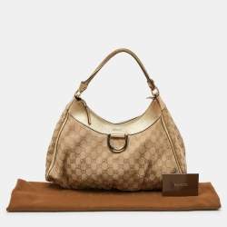 Pre Owned Gucci Biege/Gold GG Canvas and Leather Large D Ring Hobo