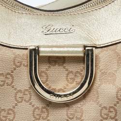 Pre Owned Gucci Biege/Gold GG Canvas and Leather Large D Ring Hobo
