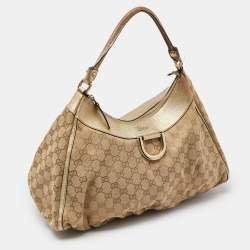 Pre Owned Gucci Biege/Gold GG Canvas and Leather Large D Ring Hobo
