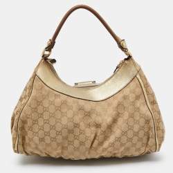 Pre Owned Gucci Biege/Gold GG Canvas and Leather Large D Ring Hobo