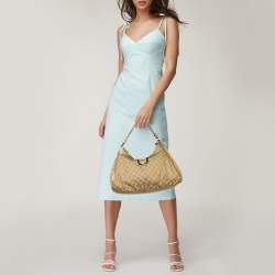 Pre Owned Gucci Biege/Gold GG Canvas and Leather Large D Ring Hobo