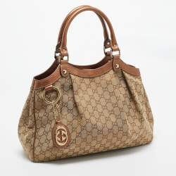 Pre Owned Gucci Bronze/Beige GG Canvas and Leather Medium Sukey Tote