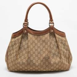 Pre Owned Gucci Bronze/Beige GG Canvas and Leather Medium Sukey Tote