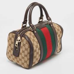 Gucci Brown/Beige GG Canvas and Leather Web Boston Bag