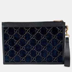 Gucci Blue/Black Velvet GG Monogram Textured Calfskin Web Ophidia Wristlet