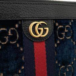 Gucci Blue/Black Velvet GG Monogram Textured Calfskin Web Ophidia Wristlet
