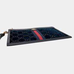 Gucci Blue/Black Velvet GG Monogram Textured Calfskin Web Ophidia Wristlet