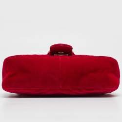 Pre Owned Gucci Red Matelasse Velvet Mini GG Marmont Shoulder Bag