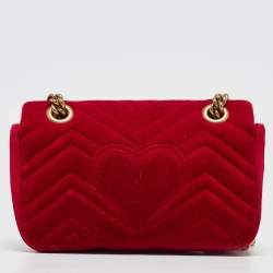 Pre Owned Gucci Red Matelasse Velvet Mini GG Marmont Shoulder Bag