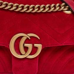 Pre Owned Gucci Red Matelasse Velvet Mini GG Marmont Shoulder Bag