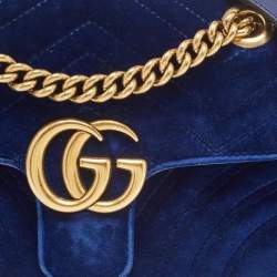 Pre Owned Gucci Blue Matelasse Velvet Mini GG Marmont Shoulder Bag