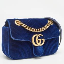 Pre Owned Gucci Blue Matelasse Velvet Mini GG Marmont Shoulder Bag