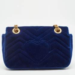 Pre Owned Gucci Blue Matelasse Velvet Mini GG Marmont Shoulder Bag