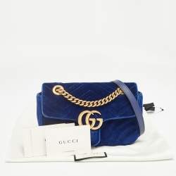 Pre Owned Gucci Blue Matelasse Velvet Mini GG Marmont Shoulder Bag