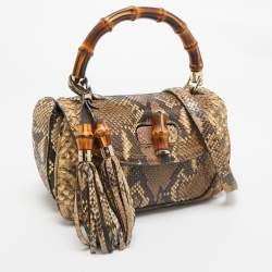Pre Owned Gucci Cream Python Medium Tassel New Bamboo Top Handle Bag