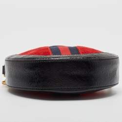 Pre Owned Gucci Black/Red Leather and Suede Mini Ophidia Round Shoulder Bag