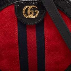 Pre Owned Gucci Black/Red Leather and Suede Mini Ophidia Round Shoulder Bag