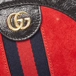 Pre Owned Gucci Black/Red Leather and Suede Mini Ophidia Round Shoulder Bag
