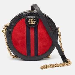 Pre Owned Gucci Black/Red Leather and Suede Mini Ophidia Round Shoulder Bag