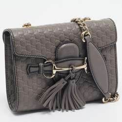 Pre Owned Gucci Grey Microguccissima Leather Mini Emily Chain Shoulder Bag