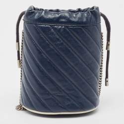 Pre Owned Gucci Navy Blue Matelasse Leather Mini GG Marmont Torchon Bucket Bag      
