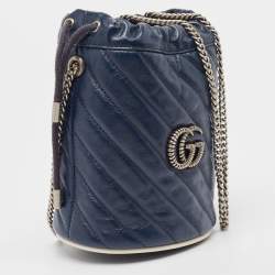 Pre Owned Gucci Navy Blue Matelasse Leather Mini GG Marmont Torchon Bucket Bag      