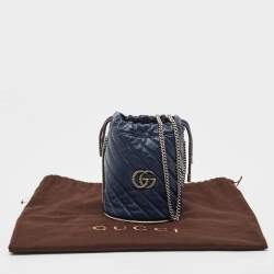 Pre Owned Gucci Navy Blue Matelasse Leather Mini GG Marmont Torchon Bucket Bag      