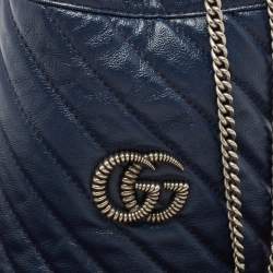 Pre Owned Gucci Navy Blue Matelasse Leather Mini GG Marmont Torchon Bucket Bag      