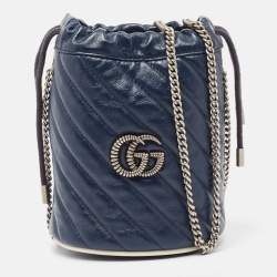 Pre Owned Gucci Navy Blue Matelasse Leather Mini GG Marmont Torchon Bucket Bag      