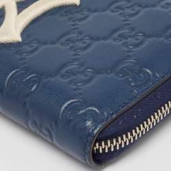 Gucci Blue Guccissima Leather NY Yankees Patch Zip Around Wallet