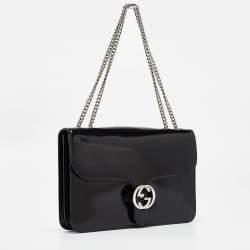 Pre Owned Gucci Black Glossy Leather Medium Interlocking G Shoulder Bag