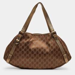 Pre Owned Gucci Bronze/Gold GG Fabric and Leather Medium Abbey Hobo