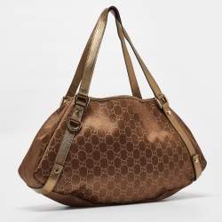 Pre Owned Gucci Bronze/Gold GG Fabric and Leather Medium Abbey Hobo
