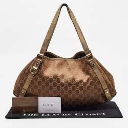 Pre Owned Gucci Bronze/Gold GG Fabric and Leather Medium Abbey Hobo