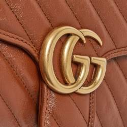Pre Owned Gucci Brown Diagonal Quilt Leather Small GG Marmont Shoulder Bag