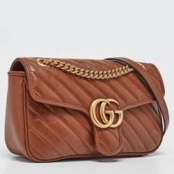 Pre Owned Gucci Brown Diagonal Quilt Leather Small GG Marmont Shoulder Bag