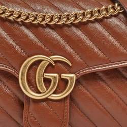 Pre Owned Gucci Brown Diagonal Quilt Leather Small GG Marmont Shoulder Bag